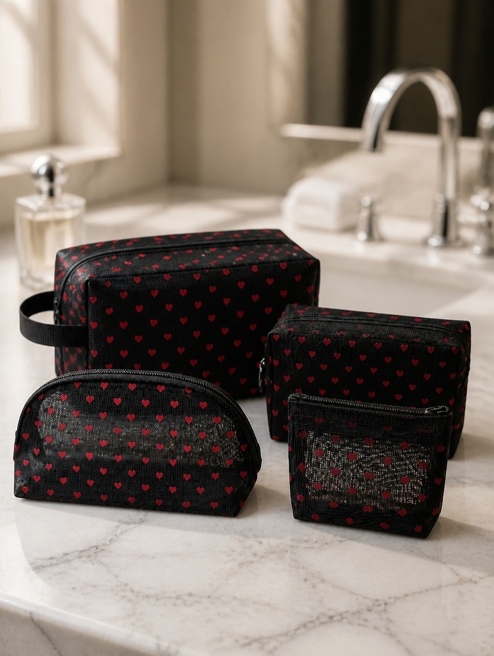 Black Clear Cosmetic Bag Set with Red Heart Accent